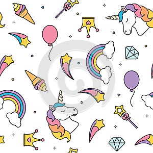 Unicorn and rainbow seamless pattern isolated on white background