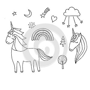 Unicorn, rainbow, set, doodle