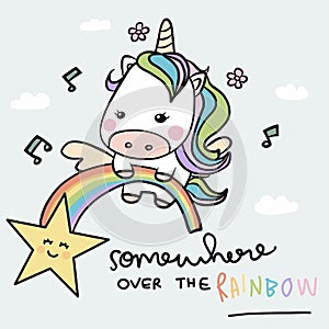 Unicorn and rainbow, somewhere over the rainbow cartoon doodle style illustration