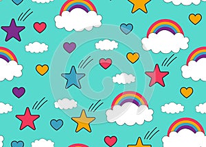 Unicorn, rainbow, sweets and other objects seamless pattern with light pink background. Cute magic ornament for textile, fabric,