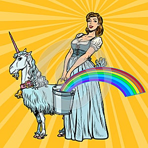 Unicorn rainbow woman with bucket