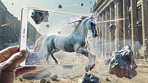 A unicorn rendered in stunning photorealism within an augmented reality app leaps over meteoroids capturing the essence of