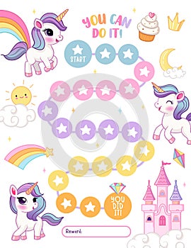 Unicorn reward chart for girls and boys. Cute baby unicorn. Table of behavior and routine work of kids. Vector