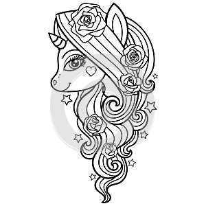 Unicorn with roses. Black and white image for coloring. Vector