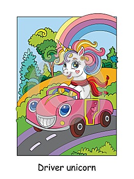 Unicorn with a scarf drive a car vector