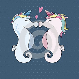 Unicorn seahorses kissing with heart vector illustration