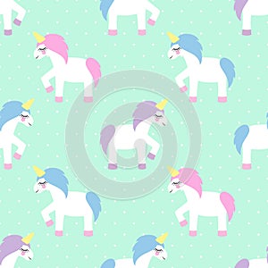 Unicorn seamless pattern on mint green polka dots background.