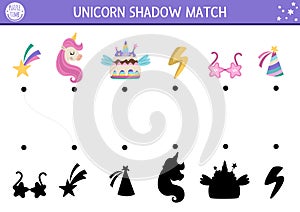 Unicorn shadow matching activity with rainbow cake, birthday cap, falling star. Magic world puzzle with cute characters. Find