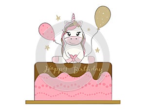Unicorn sitting on cake with balloons. Happy birthday vector illustration.