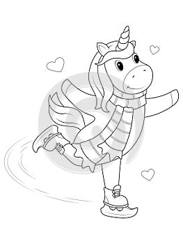 Unicorn is skating. Isolated animal. Children coloring book, illustration.