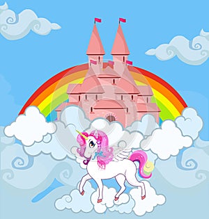 Unicorn at sky castle bright rainbow background
