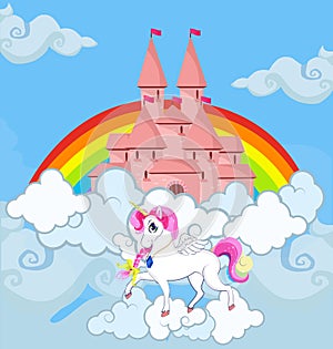 Unicorn at sky castle rainbow princess fairytale