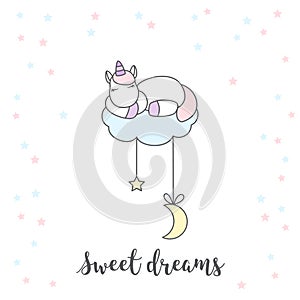 Unicorn sleeping on cloud isolated vector illustration