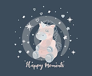 Unicorn sleeps, happy moments of inscription in font, a cartoon character.