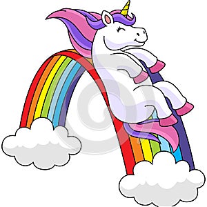Unicorn Sliding Over The Rainbow Cartoon Clipart