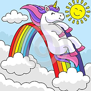 Unicorn Sliding Over The Rainbow Colored