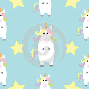 Unicorn standing Kawaii head face. Star Pastel color. Cute cartoon baby character. Funny horse. Seamless Pattern. Wrapping paper,