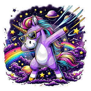 Unicorn with sunglasses is dabbing amidst a colorful cosmic background with planets and stars