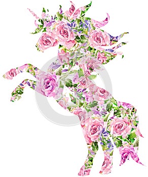 Unicorn. T-shirt graphics. Rose flower watercolor