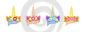 Unicorn tiara set with different flowers, earns and horns.