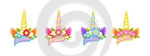 Unicorn tiara set with different flowers, earns and horns. photo