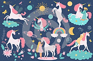 Unicorn vector cartoon cute horse character with horn and colorful ponytail. Illustration set of fantasy child