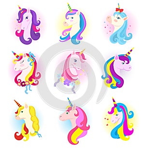 Unicorn vector cartoon horse character with magic horn and rainbow mane in children dreams illustration horsey set of