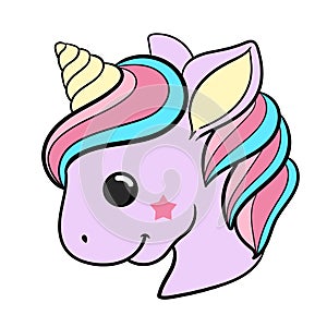 Unicorn vector icon isolated white. Head portrait horse sticker, patch badge. Magic cartoon fantasy cute animal. Rainbow hair.