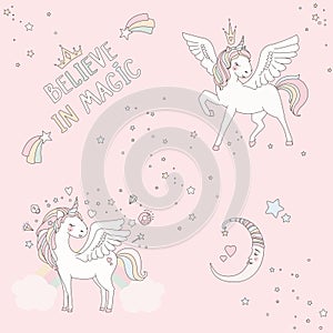 Unicorn vector sweet cute illustration. Magic fantasy design. Cartoon rainbow animal isolated horse. Fairytale unicorn