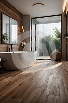 Wood Tranquility: White Minimalist Elegance in the Bathroom photo