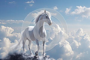 A unicorn, White pegasus unicorn in a cliff high above the clouds. Generative Ai