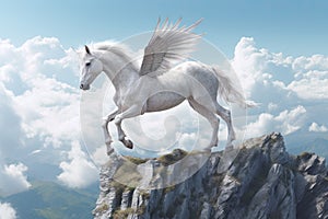 A unicorn, White pegasus unicorn in a cliff high above the clouds. Generative Ai