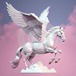 Unicorn with wings on a cloud in the sky. 3d illustration