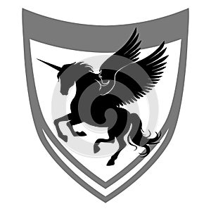 Unicorn with wings on a shield. Pegasus vector silhouette