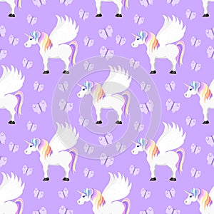 Unicorn with Wings Surrounded by Butterflies on Purple Background