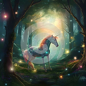 Unicorn in the woods. AI generated