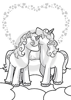 Coloring page of cute couple of Unicorns in the clouds and with heart in the background photo