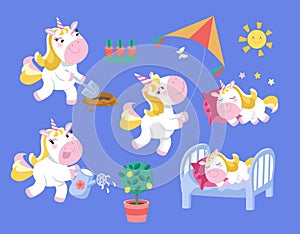 Cute isolated set of unicorns in garden.