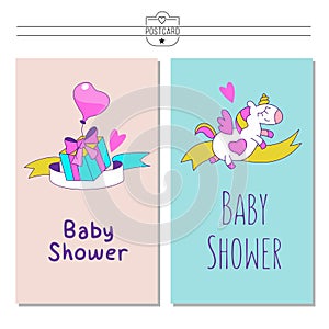 Unicorns. Baby shower illustration. A little cute unicorn and a gift.