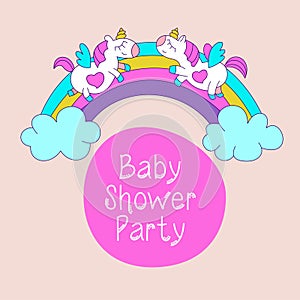 Unicorns. Baby shower illustration. Little cute unicorns with wings on a rainbow.