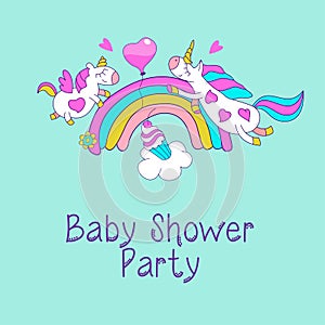 Unicorns. Baby shower illustration. Little cute unicorns with wings on a rainbow.