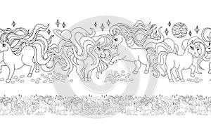 Unicorns. Endless seamless pattern, contour drawing. Coloring book for children, decoration for fabric. Vector cartoon