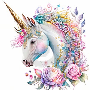 Unicorns, fairies and ranbows in a watercolor on white background
