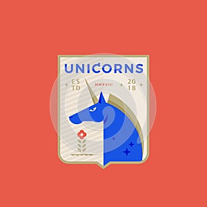 Unicorns Medeival Sports Team Emblem. Abstract Vector Sign, Symbol or Logo Template. Horned Horse in a Shield with Retro