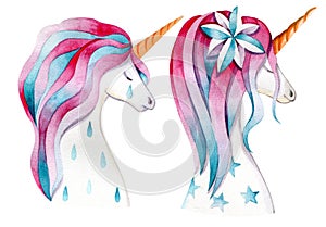 Unicorns with red-blue manes, and a golden horn. Watercolor drawing