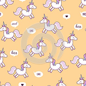 Unicorns . Vector illustration. Seamless pattern. Rainbow unicorns on colorful background. Cute wallpaper.