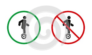 Unicycle Warning Sign Set. Monowheel Allowed and Prohibit, Electric Gyroscooter Icons. Hoverboard, Danger Transport In