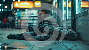 Unidentifiable homeless person lies on a sidewalk at night, illuminated by city lights