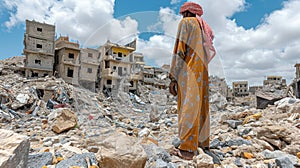 Unidentified arab man in yellow clothes stands among the ruins of a ruined house in Yemen