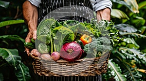 Unidentified chef gathering fresh, ripe vegetables in a lush and abundant farm field